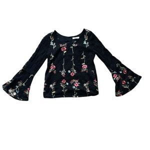 Black Lace Floral Blouse Size Small Bell sleeves Whimsygoth Romantic Feminine